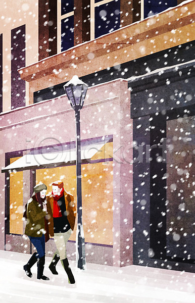 따뜻함 사랑 남자 두명 사람 여자 PSD 일러스트 걷기 겨울 겨울배경 길가 눈(날씨) 데이트 백그라운드 카페 커플 함박눈