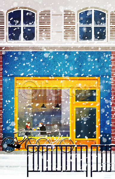 따뜻함 사랑 남자 두명 사람 여자 PSD 일러스트 겨울 겨울배경 눈(날씨) 데이트 백그라운드 자전거 카페 커플 커피 탁자