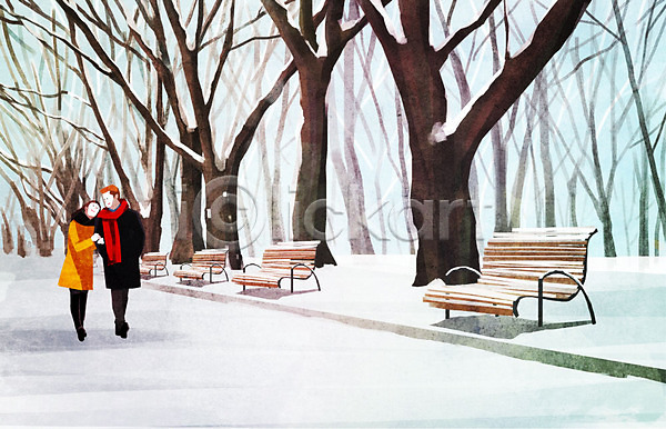 따뜻함 사랑 남자 두명 사람 여자 PSD 일러스트 가로수 걷기 겨울 겨울배경 나무 눈(날씨) 데이트 백그라운드 벤치 커플