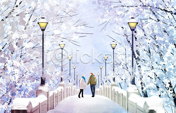 따뜻함 사랑 남자 두명 사람 여자 PSD 일러스트 가로등 걷기 겨울 겨울배경 나무 눈(날씨) 다리(건축물) 데이트 백그라운드 커플