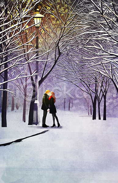 따뜻함 사랑 남자 두명 사람 여자 PSD 일러스트 가로등 겨울 겨울배경 공원 나무 눈(날씨) 데이트 백그라운드 커플 키스