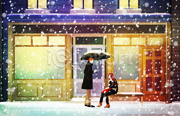 따뜻함 사랑 남자 두명 사람 여자 PSD 일러스트 겨울 겨울배경 눈(날씨) 데이트 백그라운드 우산 카페 커플