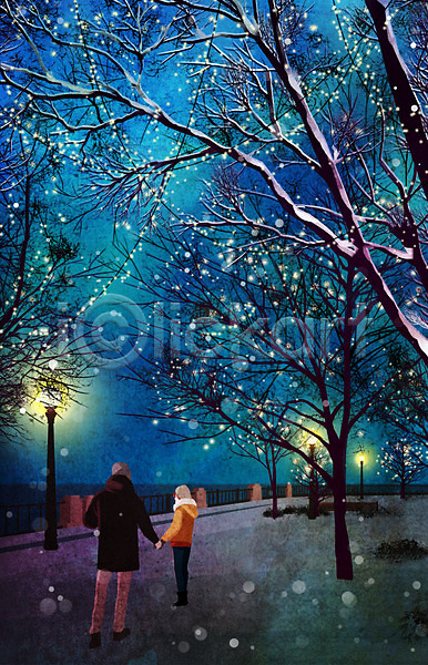 따뜻함 사랑 남자 두명 사람 여자 PSD 일러스트 가로등 겨울 겨울배경 공원 나무 눈(날씨) 데이트 백그라운드 전구 커플