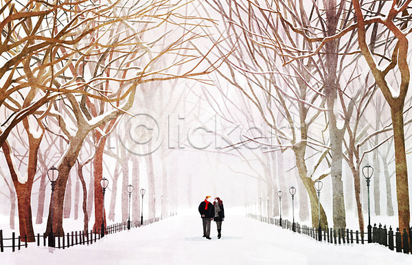 따뜻함 사랑 남자 두명 사람 여자 PSD 일러스트 가로수 걷기 겨울 겨울배경 나무 눈(날씨) 데이트 백그라운드 커플