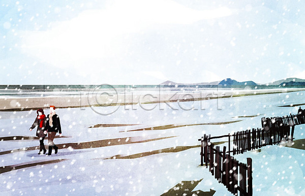 따뜻함 사랑 남자 두명 사람 여자 PSD 일러스트 걷기 겨울 겨울배경 눈(날씨) 데이트 바다 백그라운드 커플