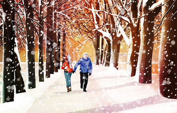 따뜻함 사랑 남자 두명 사람 여자 PSD 일러스트 가로수 걷기 겨울 겨울배경 나무 노을 눈(날씨) 데이트 백그라운드 손잡기 커플