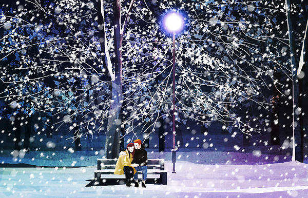 따뜻함 사랑 남자 두명 사람 여자 PSD 일러스트 가로등 겨울 겨울배경 공원 나무 눈(날씨) 데이트 백그라운드 앉기 커플