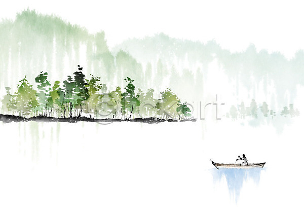 편안함 사람 한명 PSD 일러스트 나룻배 번짐 붓터치 사색 산 여행 자연 초록색 캘리그라피 풍경(경치) 풍경화 호수