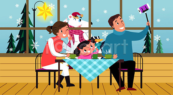 귀여움 즐거움 남자 사람 성인 세명 어린이 여자 AI(파일형식) 일러스트 가로등 가족 겨울 나무 눈(날씨) 눈꽃 동물 머그컵 목도리 별 북극곰 셀카봉 셀프카메라 스키장 식탁 아빠 엄마 의자 창문 펭귄