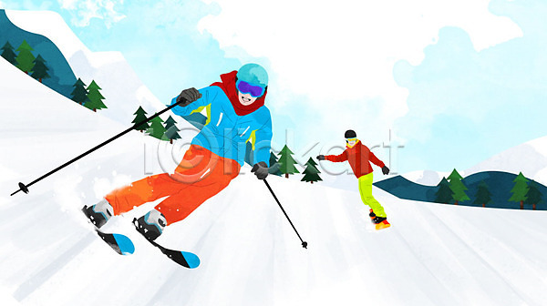 즐거움 남자 남자만 두명 사람 PSD 일러스트 겨울 구름(자연) 나무 눈(날씨) 설산 설원 스노우보드 스키 스키복 스키용품 스키장 스키장비 스키타기 하늘