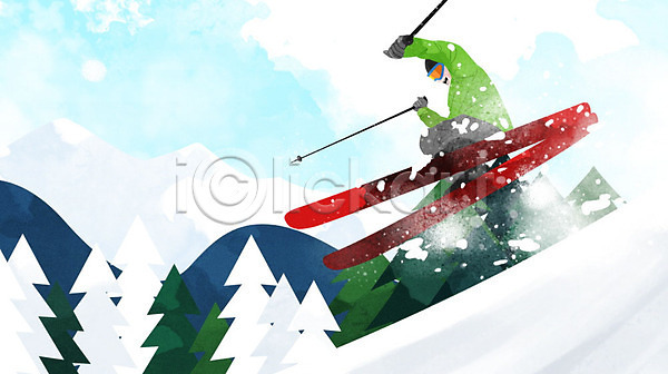 즐거움 남자 남자한명만 사람 한명 PSD 일러스트 겨울 구름(자연) 나무 눈(날씨) 설산 설원 스키 스키리프트 스키복 스키용품 스키장 스키장비 스키타기 점프 하늘