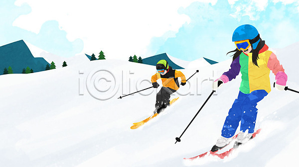 즐거움 남자 두명 사람 어린이 어린이만 여자 PSD 일러스트 겨울 구름(자연) 나무 눈(날씨) 설산 설원 스키 스키고글 스키복 스키용품 스키장비 스키타기 하늘