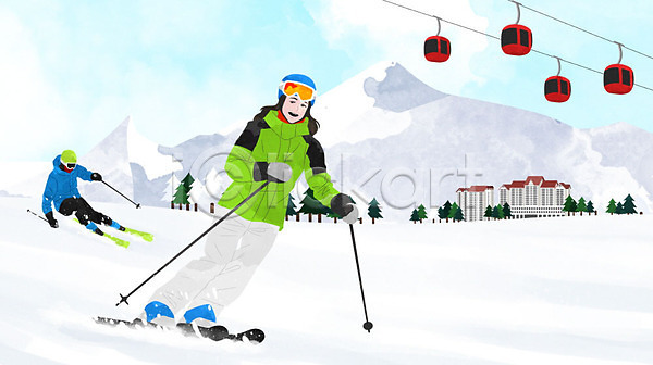 즐거움 남자 두명 사람 여자 PSD 일러스트 겨울 곤돌라 구름(자연) 나무 눈(날씨) 설산 설원 스키 스키고글 스키복 스키용품 스키장 스키장비 스키타기 콘도 하늘