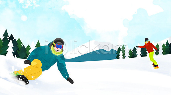즐거움 남자 남자만 두명 사람 PSD 일러스트 겨울 구름(자연) 눈(날씨) 설산 설원 스노우보드 스키복 스키장 하늘