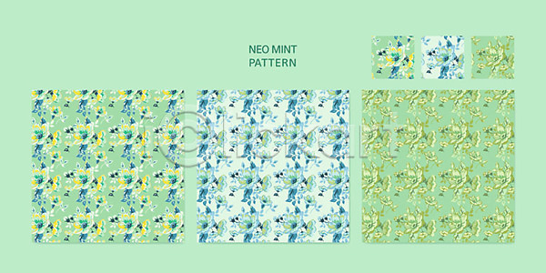 사람없음 AI(파일형식) 일러스트 꽃 네오민트 민트색 백그라운드 벽지 세트 유행 잎 트렌드컬러 패턴 패턴백그라운드 포장지