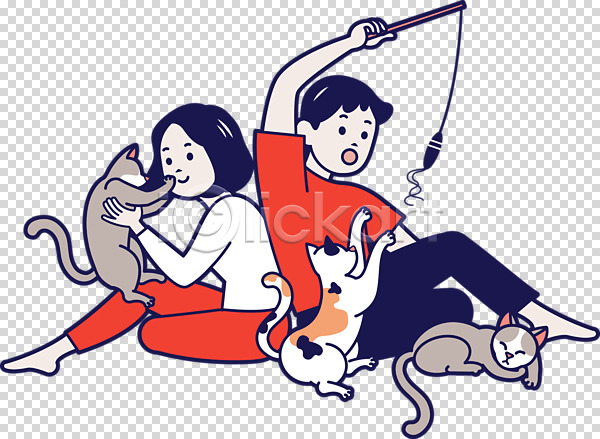 즐거움 행복 남자 두명 여자 PNG 편집이미지 고양이 누끼 반려 반려동물 세마리 장난감 편집 편집소스