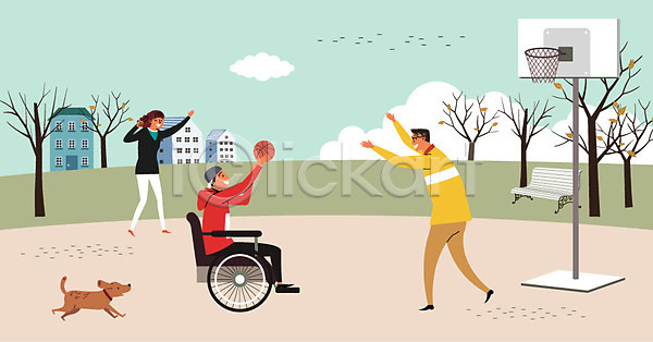 따뜻함 봉사 즐거움 남자 사람 세명 여자 AI(파일형식) 일러스트 강아지 나눔 나무 농구 농구공 농구대 마음 벤치 사랑나눔 자원봉사자 장애인 휠체어