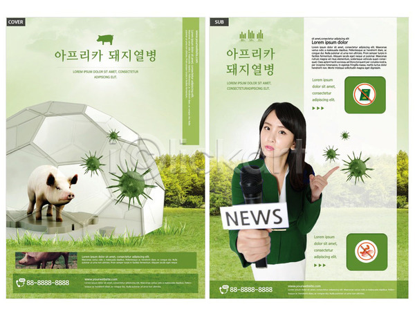 사회이슈 20대 성인 성인여자한명만 여자 한국인 한명 INDD ZIP 인디자인 전단템플릿 템플릿 뉴스 돼지 바이러스 아나운서 아프리카돼지열병 온실 잔디 전단 초록색