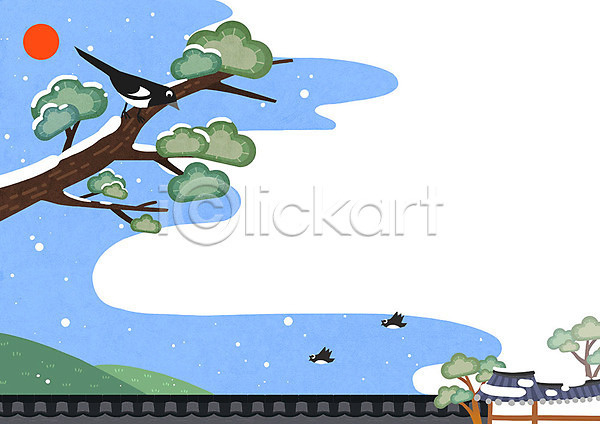 귀여움 사람없음 PSD 일러스트 프레임일러스트 기와 기와집 까치 나무 눈(날씨) 백그라운드 새해 설날 세마리 전통프레임 프레임