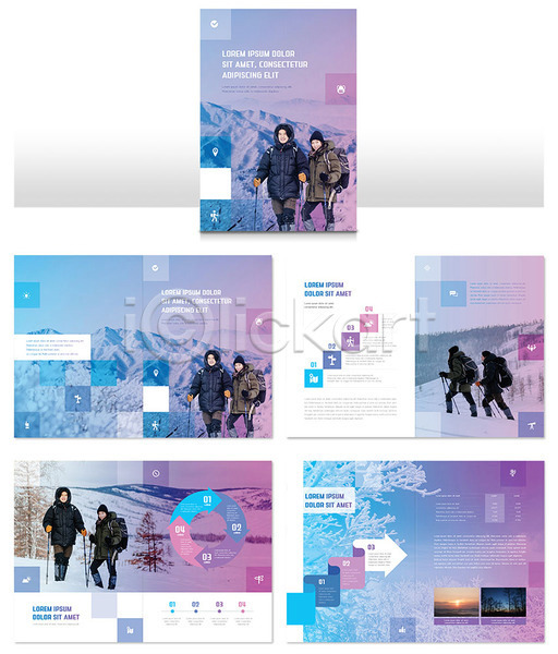 즐거움 20대 남자 사람 성인 성인만 여러명 여자 한국인 INDD ZIP 인디자인 템플릿 겨울 겨울풍경 나무 등산 등산스틱 보라색 상반신 설산 설원 커플 파란색 팜플렛