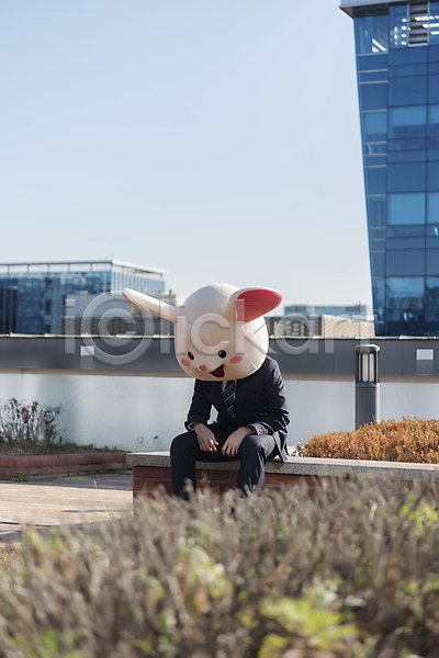 좌절 30대 남자 성인 성인남자한명만 한국인 한명 JPG 앞모습 포토 2020년 경자년 동물탈 비즈니스맨 상반신 신입사원 앉기 야외 옥상 정장 주간 쥐 쥐띠 쥐캐릭터 흰쥐