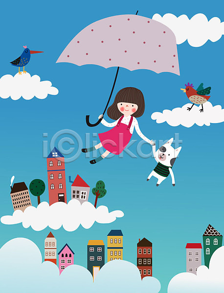 상상 어린이 한명 AI(파일형식) 일러스트 구름(자연) 꿈 나무 동물 동심 동화 라이프스타일 우산 조류 주택 친구 판타지 하늘