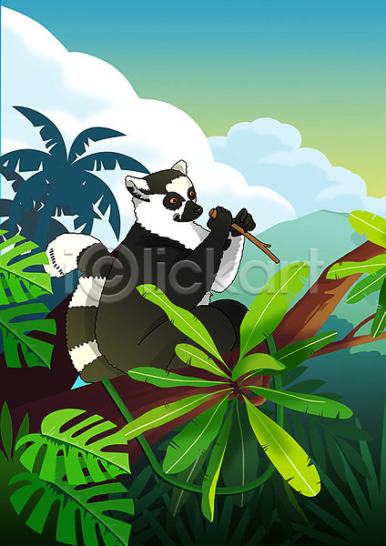 동물보호 보호 사람없음 PSD 일러스트 나무 나뭇가지 야생동물 야생동물보호 야자수 야자수잎 여우원숭이 열대나무 자연 한마리