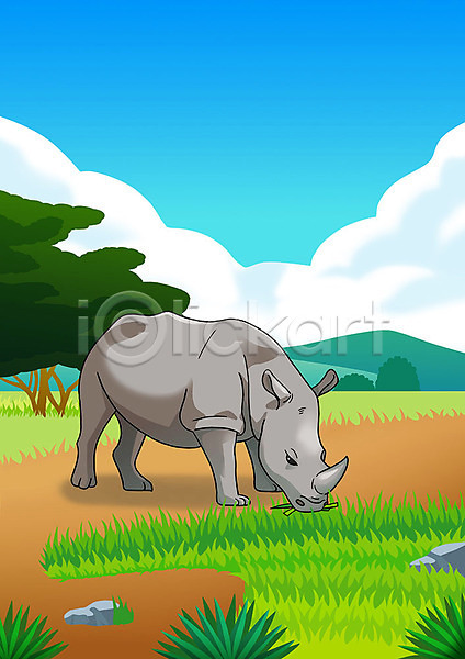 동물보호 보호 사람없음 PSD 일러스트 나무 야생동물 야생동물보호 자연 초원(자연) 코뿔소 풀(식물) 한마리