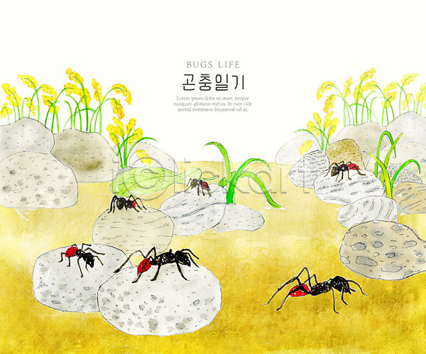 사람없음 PSD 일러스트 개미 곤충 꽃 돌(바위) 땅 생태계 수채화(물감) 여러마리 자연 컬러풀 풀잎 풍경(경치)
