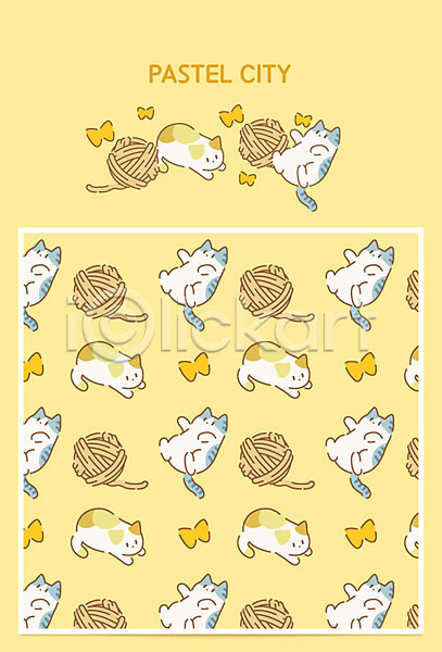 사람없음 AI(파일형식) 일러스트 고양이 그래픽백그라운드 나비 노란색 백그라운드 실뭉치 여러마리 털실 파스텔톤 패턴