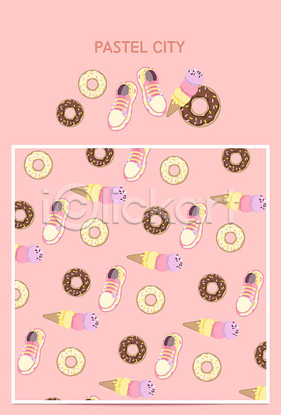 달콤 사람없음 AI(파일형식) 일러스트 그래픽백그라운드 도넛 백그라운드 분홍색 스니커즈 아이스크림 여러개 운동화 파스텔톤 패턴