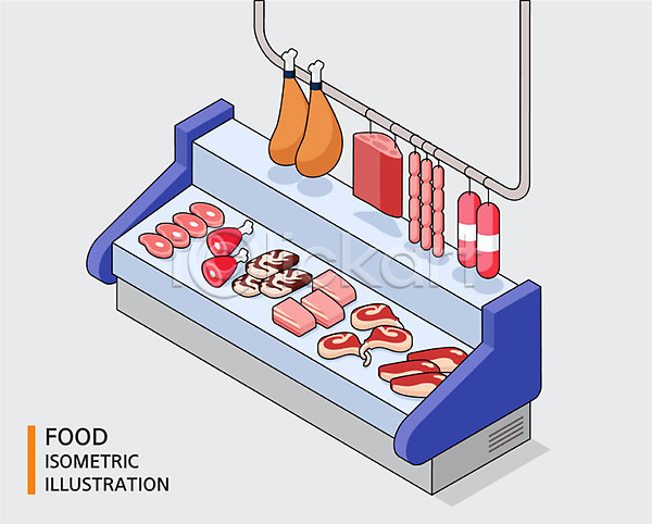 사람없음 AI(파일형식) 일러스트 돼지고기 소고기 소시지 스테이크 아이소메트릭 양고기 육류 음식 정육점 판매대 햄