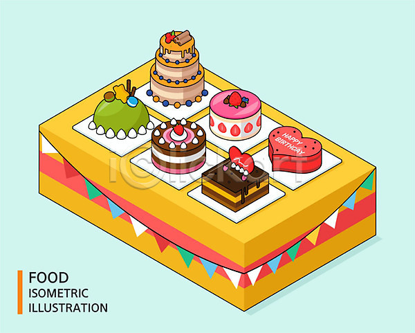사람없음 AI(파일형식) 일러스트 3단케이크 가랜드 디저트 딸기케이크 생일상 생일케이크 아이소메트릭 음식 초코케이크 케이크 하트