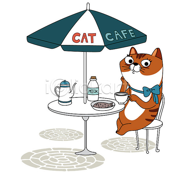 귀여움 사람없음 AI(파일형식) 일러스트 고양이 동물 리본 반려동물 반려묘 애묘카페 어류 우유 의자 주전자 카페 커피잔 컬러풀 탁자 파라솔 한마리