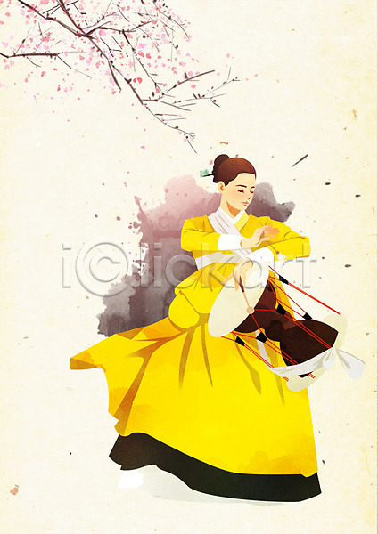 부드러움 사람 여자 여자한명만 한명 PSD 일러스트 꽃 나무 노란색 노리개 붓터치 뷰티풀 수묵화 장구 저고리 전통 질감 한국전통 한복