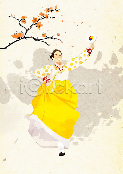 부드러움 사람 여자 여자한명만 한명 PSD 일러스트 꽃 나무 노리개 붓터치 뷰티풀 소고 수묵화 저고리 전통 전통무용 질감 춤 한국전통 한복