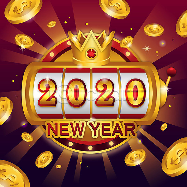 사람없음 AI(파일형식) 일러스트 2020년 경자년 금색 동전 룰렛 새해 숫자 왕관 잭팟