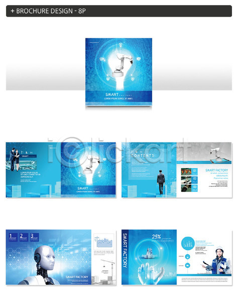 스마트 20대 남자 사람 성인 성인만 여러명 여자 한국인 INDD ZIP 인디자인 템플릿 AI(인공지능) 공장 기술 도시 로봇 비즈니스맨 비즈니스우먼 전구 파란색 팜플렛