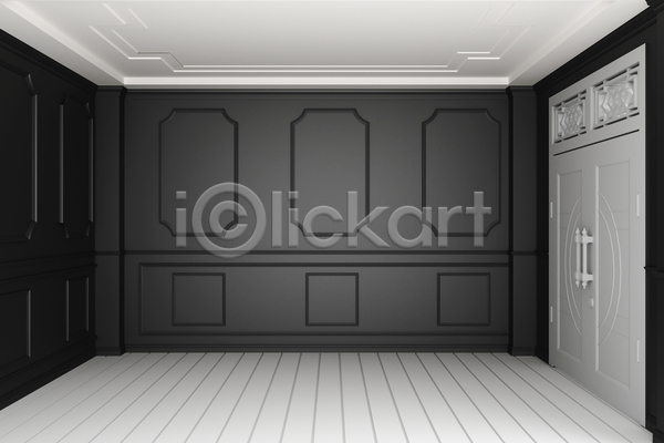 사람없음 3D JPG 포토 해외이미지 검은색 문 미니멀 벽 실내 웨인스코팅 인테리어