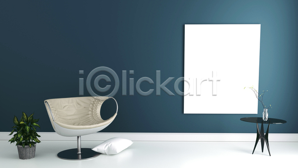 사람없음 3D JPG 포토 해외이미지 미니멀 베개 벽 식물 실내 의자 인테리어 탁자 파란색 프레임 화분