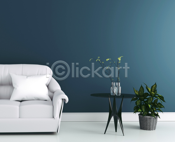 사람없음 3D JPG 포토 해외이미지 미니멀 소파 식물 실내 인테리어 쿠션 탁자 파란색 화분 흰색