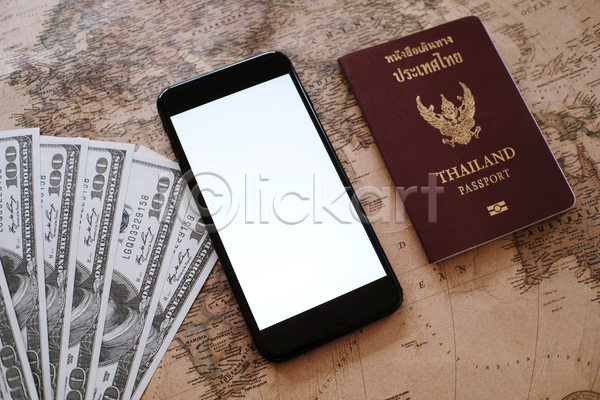 사람없음 JPG 포토 해외이미지 달러 목업 세계지도 스마트폰 실내 여권 여행