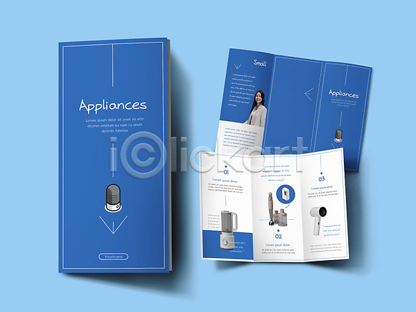 20대 성인 성인여자한명만 여자 한국인 한명 INDD 인디자인 템플릿 3단접지 AI(인공지능) 내지 냉장고 드라이어 리플렛 미소(표정) 믹서 상반신 소형가전 소형가전제품 스피커 파란색 팜플렛 표지 표지디자인 핸드블렌더