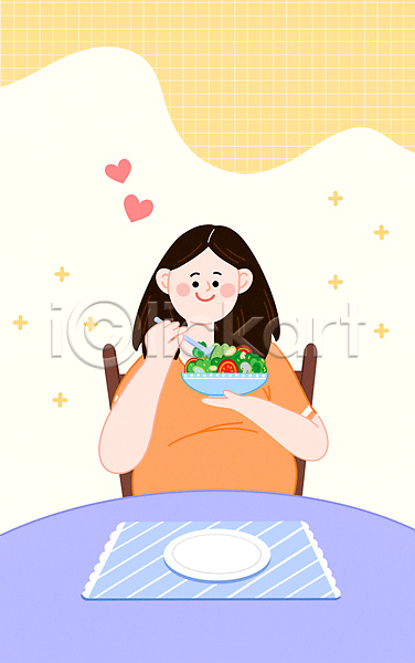 행복 성인 성인여자한명만 여자 한명 PSD 일러스트 건강관리 건강식 노란색 들기 먹기 미소(표정) 보라색 상반신 샐러드 유기농 임산부 임신 접시 포크