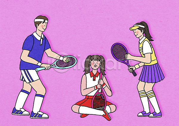 남자 성인 성인만 세명 여자 PSD 일러스트 MZ세대 들기 머리띠 분홍색 서기 스포츠 썬캡 앉기 잡기 전신 준비자세 취미 테니스 테니스공 테니스라켓 테니스복 테니스화