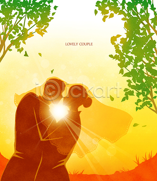 남자 두명 성인 성인만 여자 PSD 실루엣 일러스트 그림자 나무 나뭇잎 노을 마주보기 면사포 상반신 스몰웨딩 신랑신부 안기 전신 주황색 커플 태양 풍경(경치) 햇빛