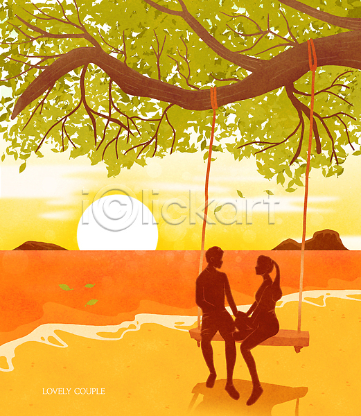 남자 두명 성인 성인만 여자 PSD 실루엣 일러스트 구름(자연) 그림자 나무 나무그네 나뭇잎 노을 마주보기 바다 섬 일몰 전신 주황색 커플 태양 해변