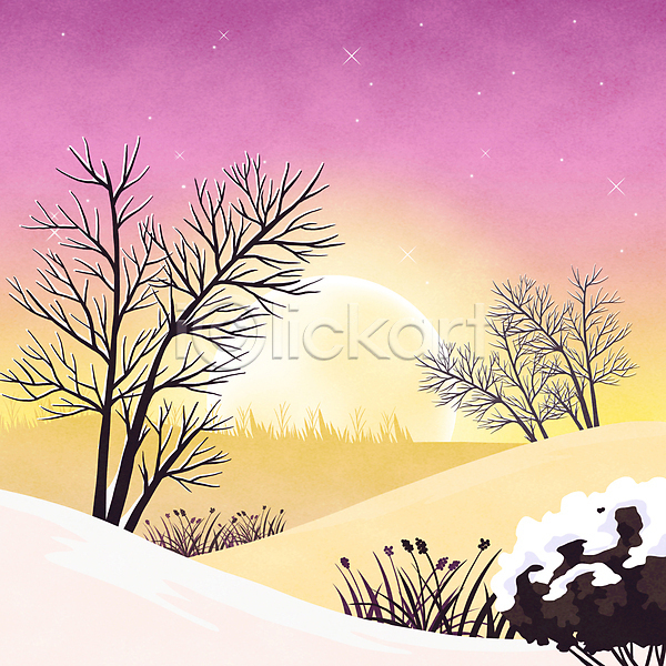 감성 사람없음 PSD 일러스트 겨울 겨울풍경 나무 노란색 눈(날씨) 눈덮임 달빛 밤하늘 보름달 분홍색 야간 언덕