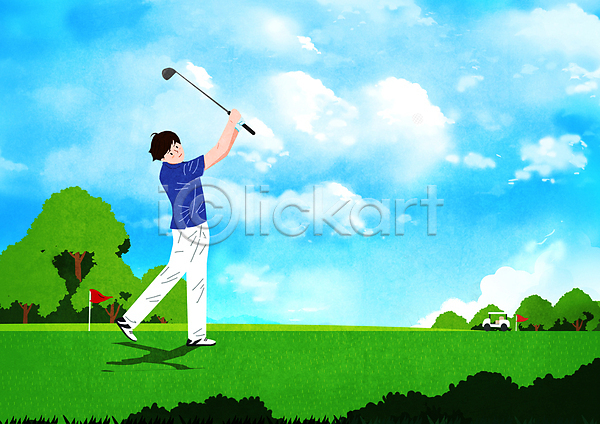 남자 성인 성인남자한명만 한명 PSD 일러스트 골프 골프깃발 골프장 골프채 골프카트 구름(자연) 나무 들기 서기 스윙 전신 초록색 필드 하늘 하늘색