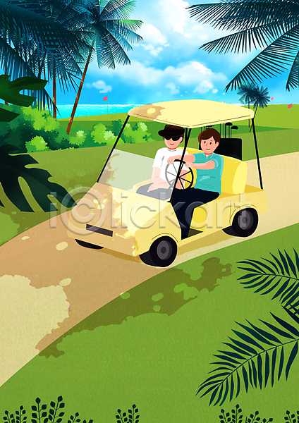 이동 남자 두명 성인 성인남자만 PSD 일러스트 골프 골프가방 골프장 골프카트 구름(자연) 상반신 앉기 야자수잎 연두색 운전 캐디 필드 하늘